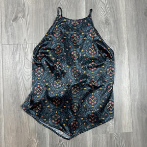 Free People Black Floral Satin Halterneck‎ Top with Strappy Back and Tie Detail